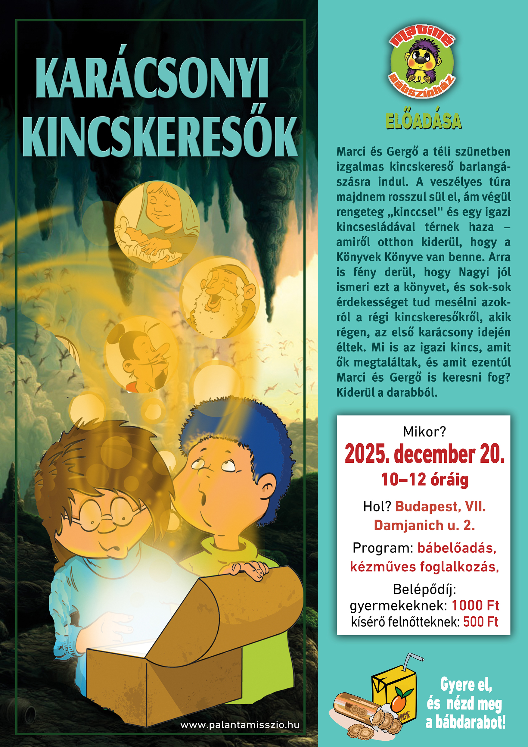 Két kisfiú egy világító kincsesládát nyit ki, fölöttük rajzos, aranyszínű karácsonyi emlékek lebegnek – jelenet a Karácsonyi Kincskeresők bábelőadás plakátjáról.