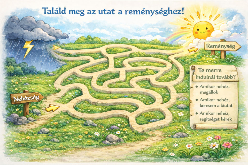 Labirintus játék a reménységről – gyerekeknek szóló illusztráció a Beszélgetés a reménységről című videóhoz